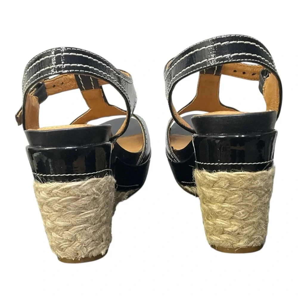 🌿 Nurture Women’s 9M Black Leather Espadrille Wedge Sandal Platform Heel NIB‎